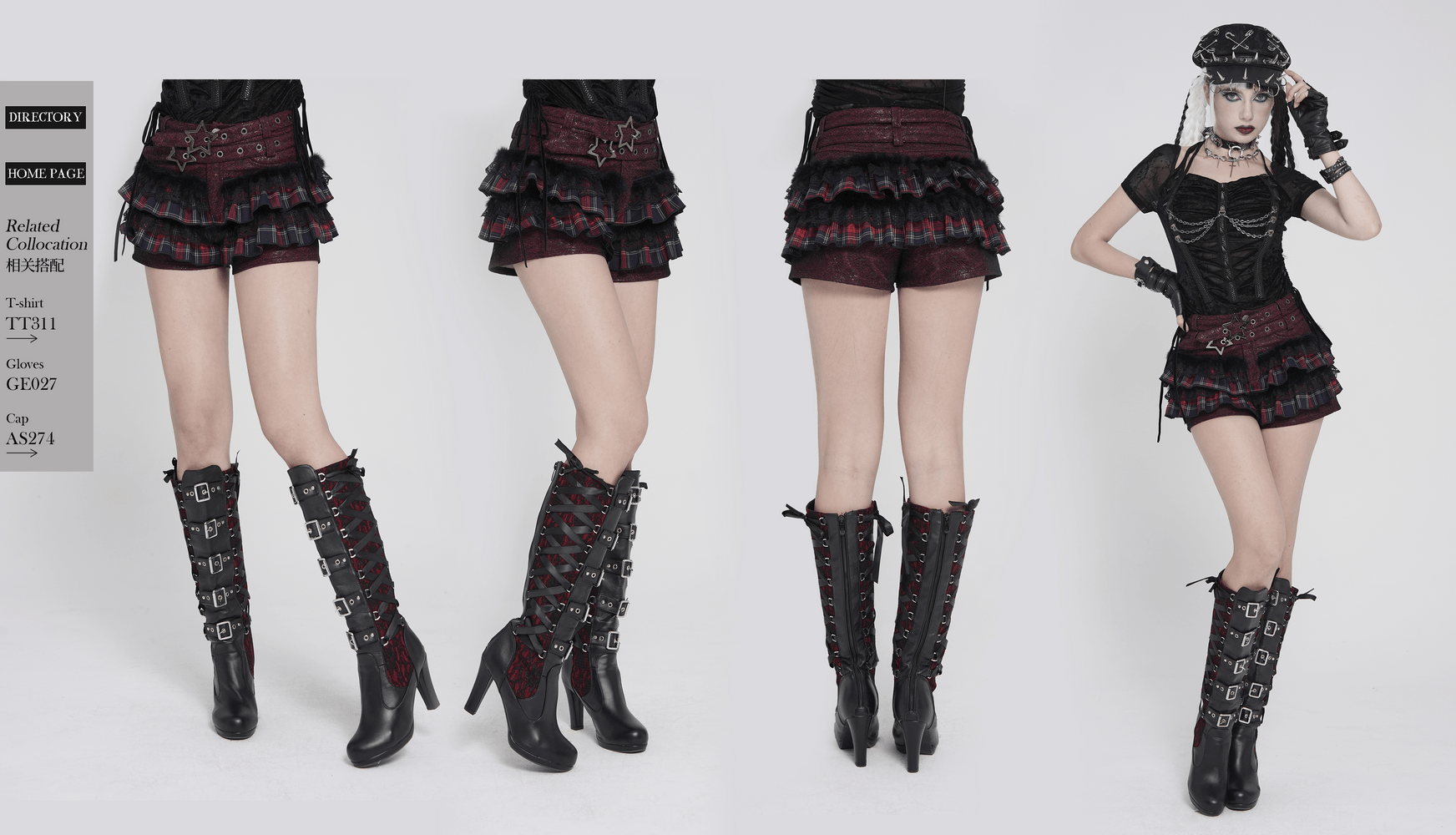 Gothic Plaid Ruffle Shorts with Star Belt Detail showcased with stylish boots and accessories.