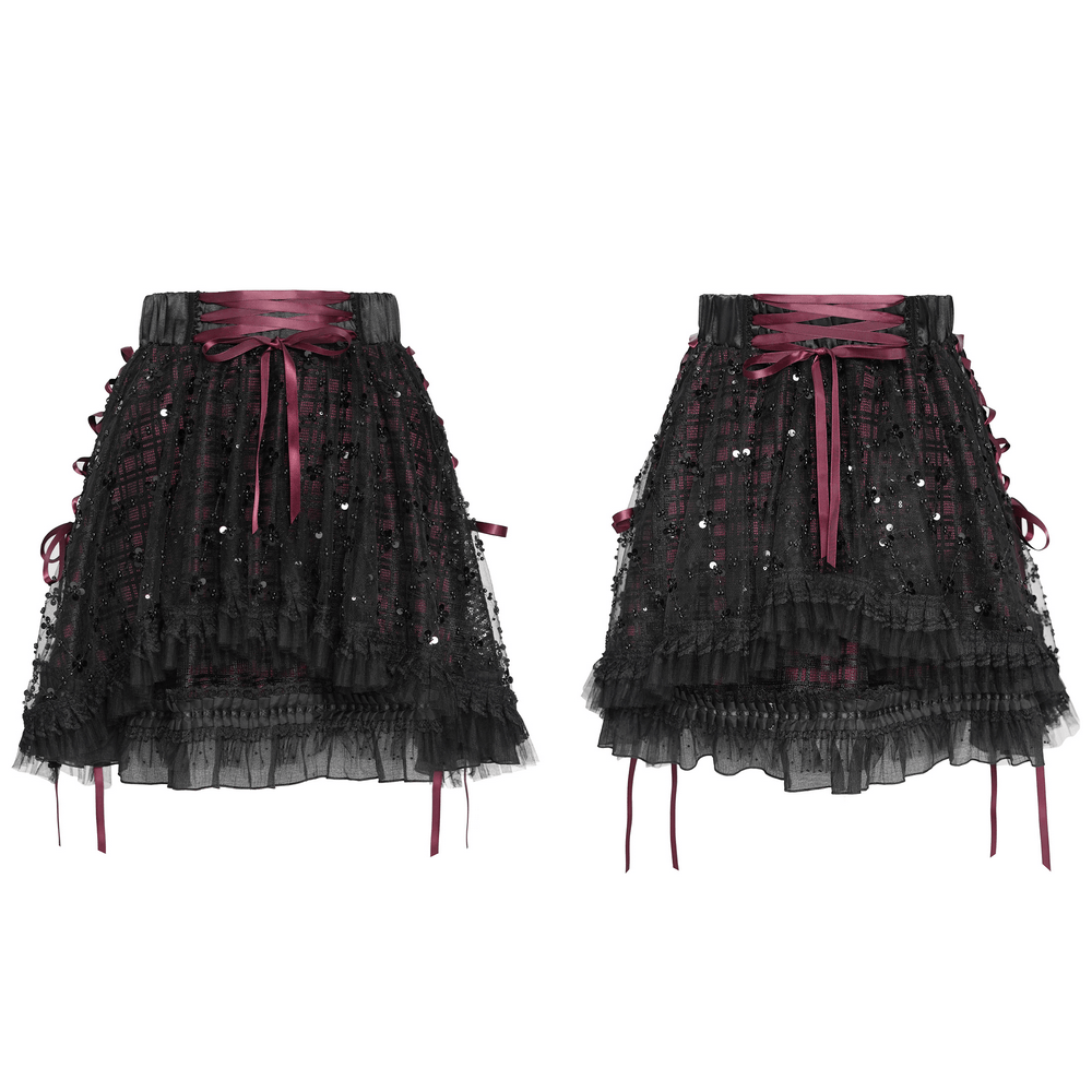 Gothic Plaid Tulle Layered Skirt with Ribbon Luffles featuring sequin mesh and lace trim.