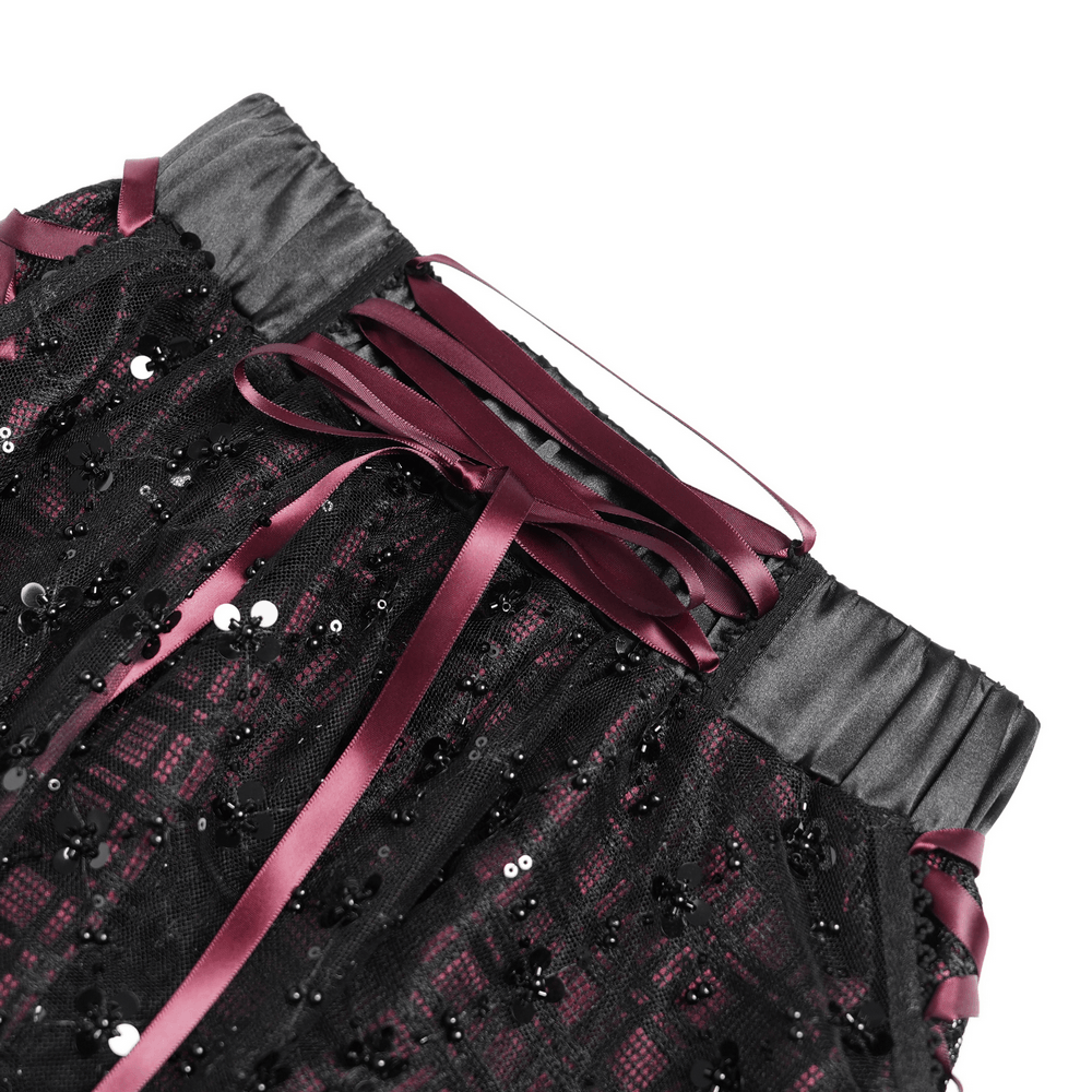 Gothic Plaid Tulle Layered Skirt with Ribbon Luffles featuring wine red ribbon lacing and sequin mesh detailing.