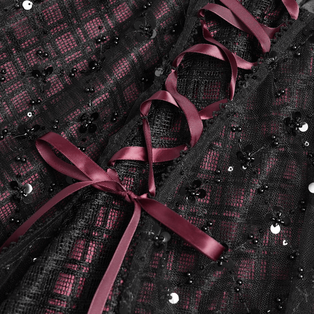 Gothic Plaid Tulle Layered Skirt with Ribbon Luffles showcasing wine red ribbon lacing and sequin mesh detail.