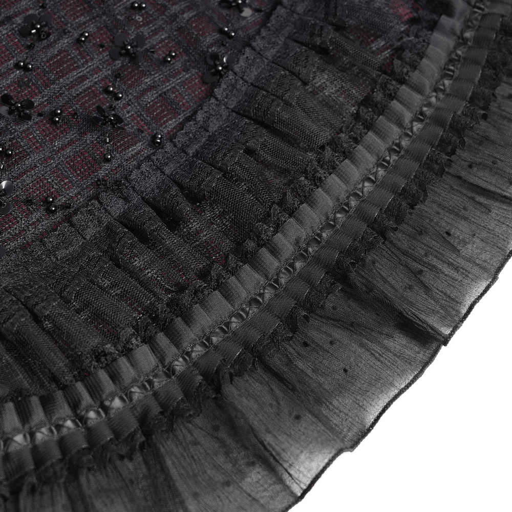 Gothic Plaid Tulle Layered Skirt with Ribbon Luffles featuring lace trim and sequin mesh overlay.