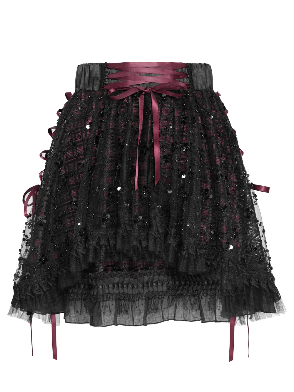 Gothic Plaid Tulle Layered Skirt with Ribbon Luffles featuring dark plaid and sheer sequin mesh overlay.