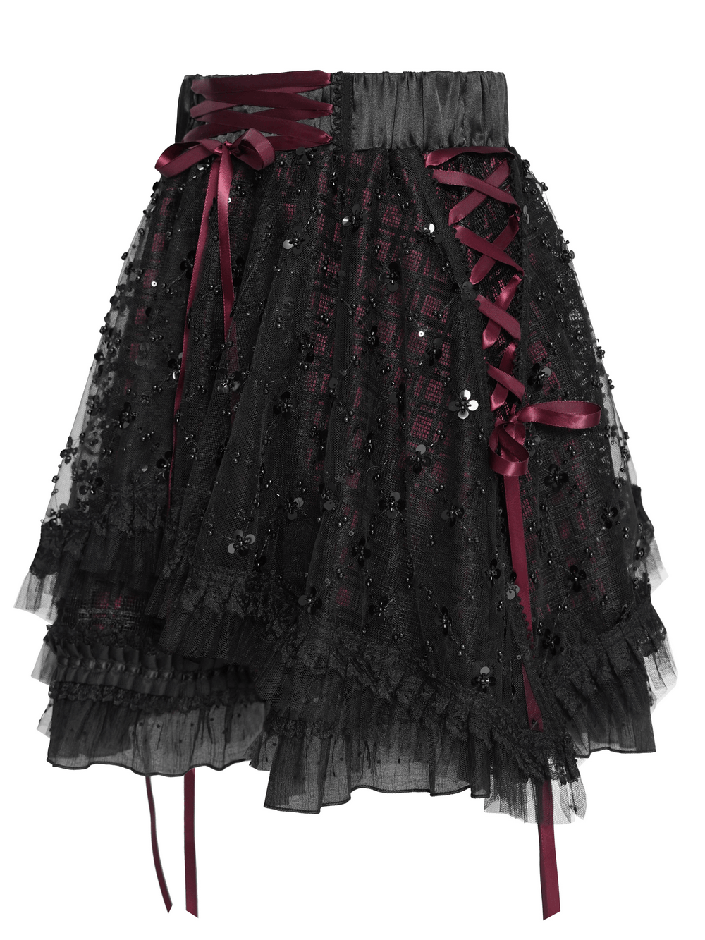 Gothic Plaid Tulle Layered Skirt with Ribbon Luffles showcasing dark plaid, sequin mesh and romantic lace trim.