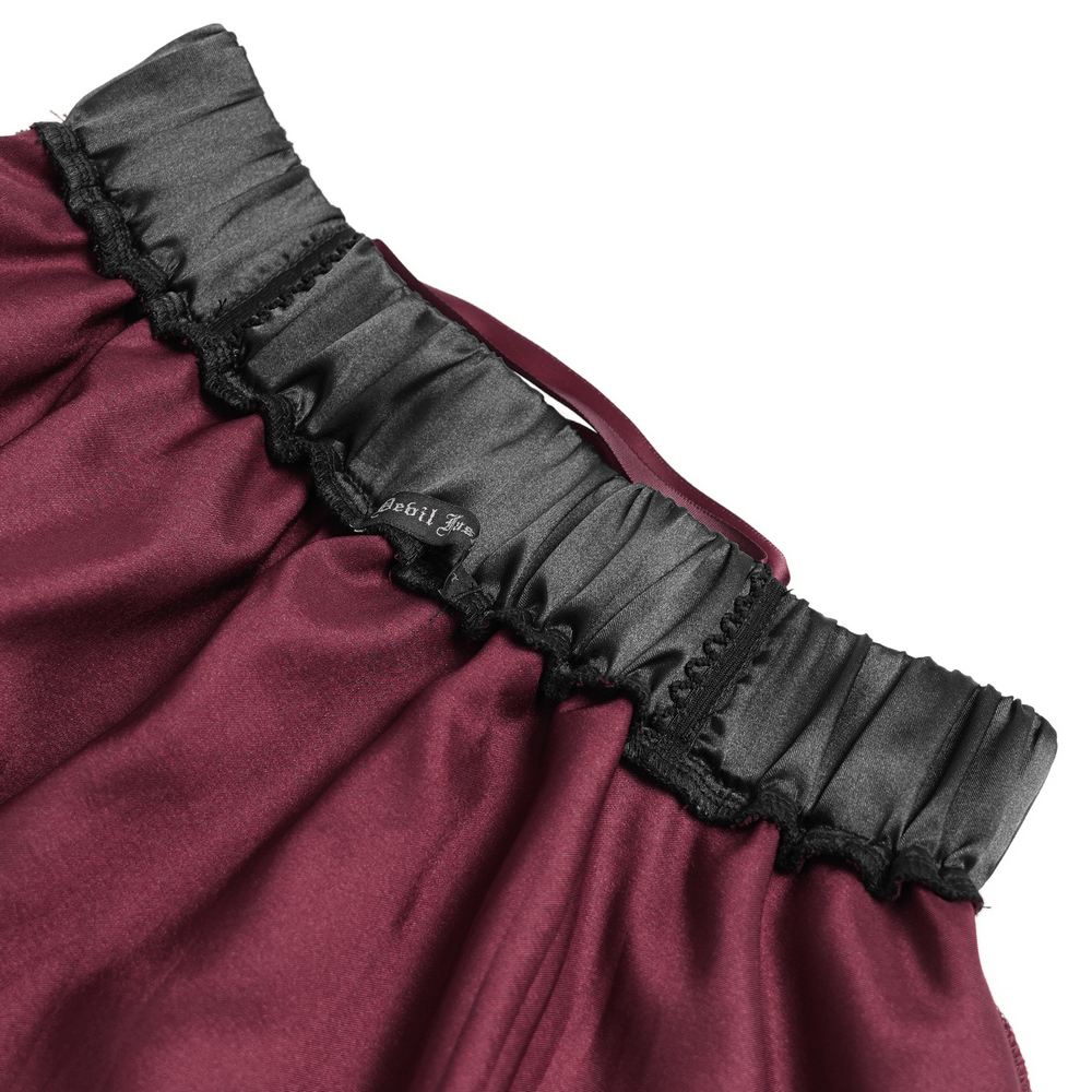 Gothic Plaid Tulle Layered Skirt with Ribbon Luffles waistband detail in wine red and black satin.