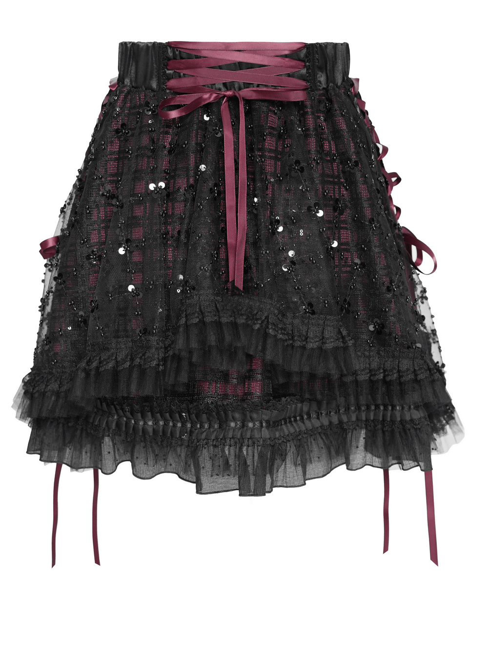 Gothic Plaid Tulle Layered Skirt with Ribbon Luffles featuring lace, sequins, and cascading ruffles in dark colors.