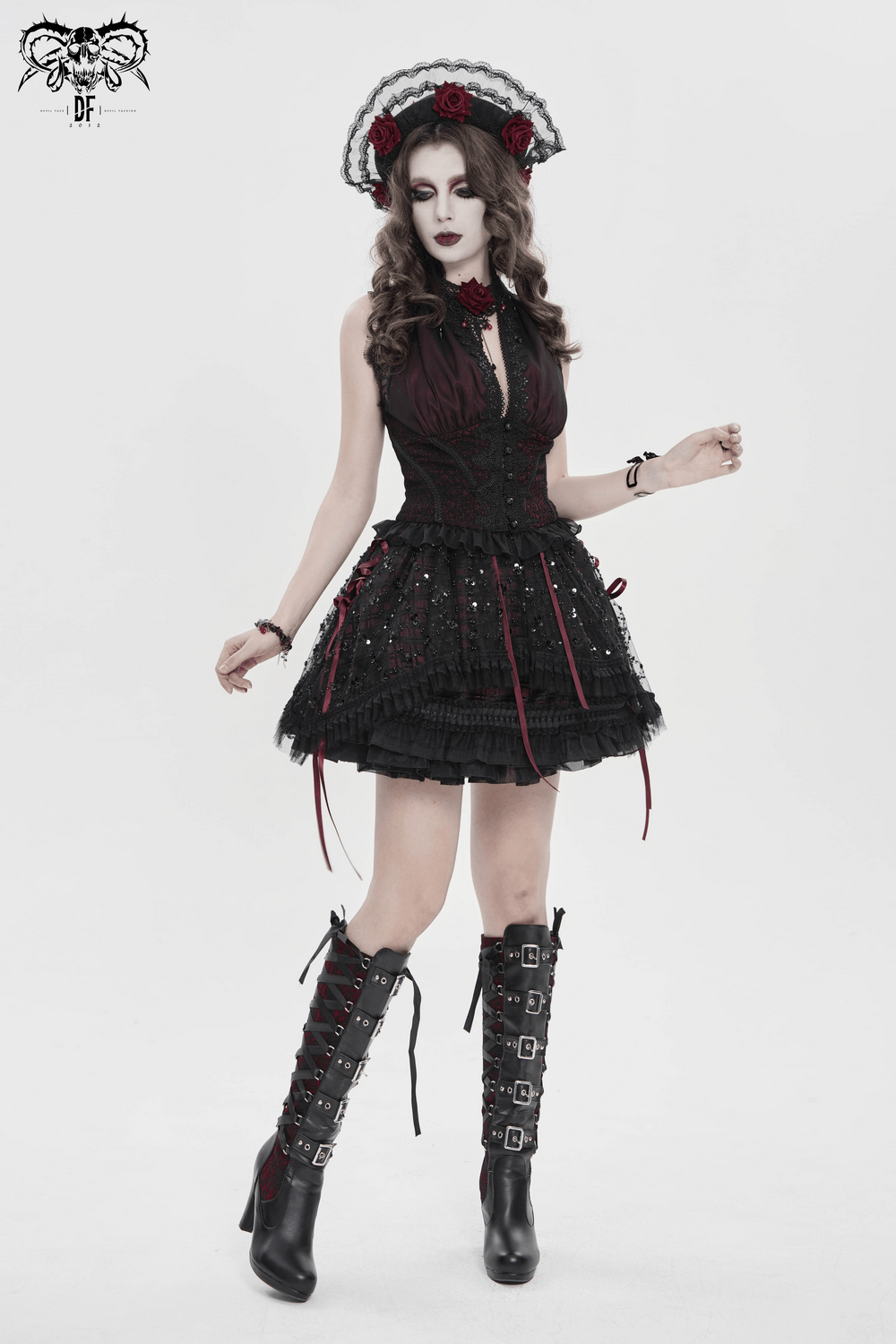 Gothic Plaid Tulle Layered Skirt with Ribbon Luffles on model showcasing dark academia style and striking accessories.