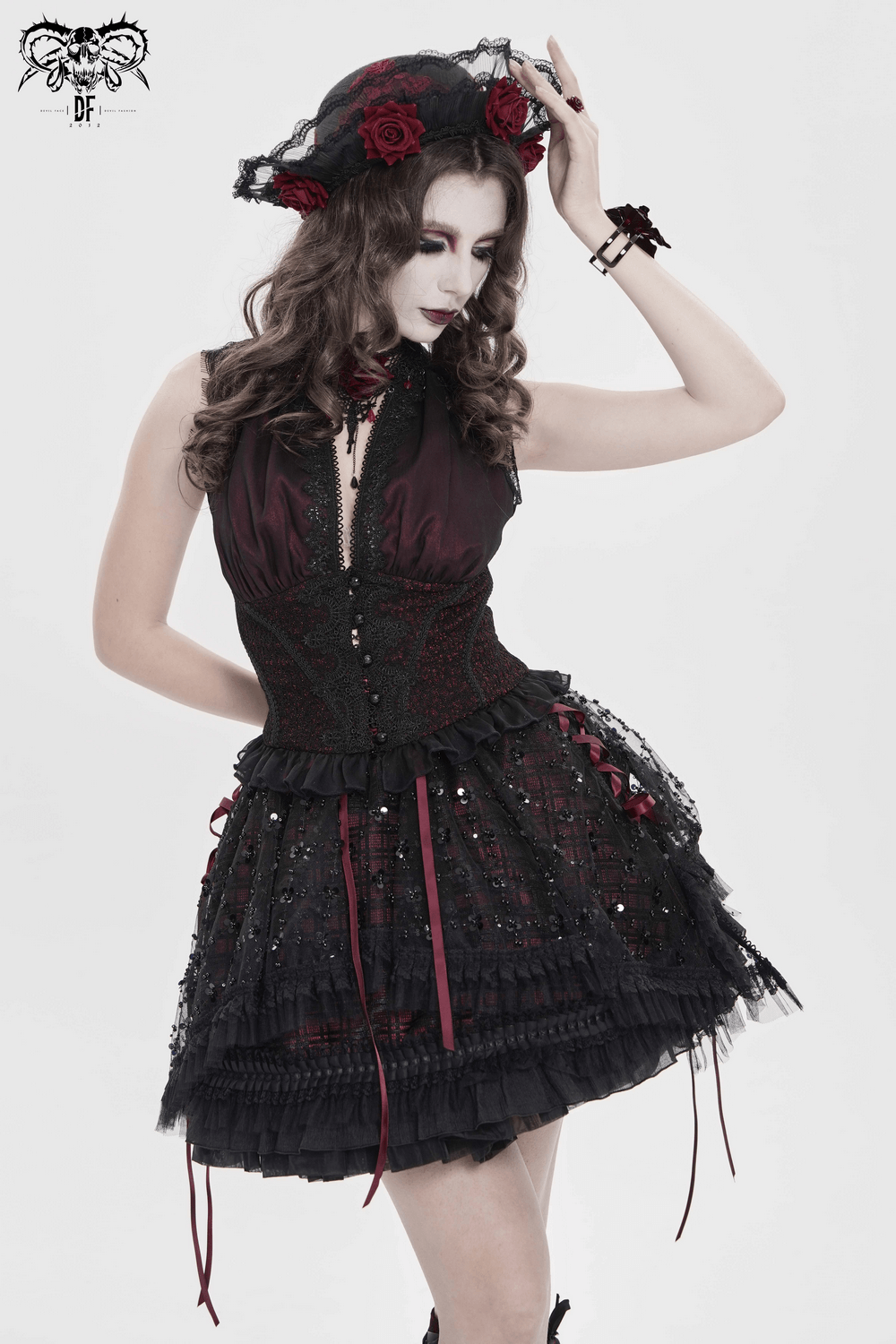 Gothic Plaid Tulle Layered Skirt with Ribbon Luffles styled with elegant accessories against a light background.