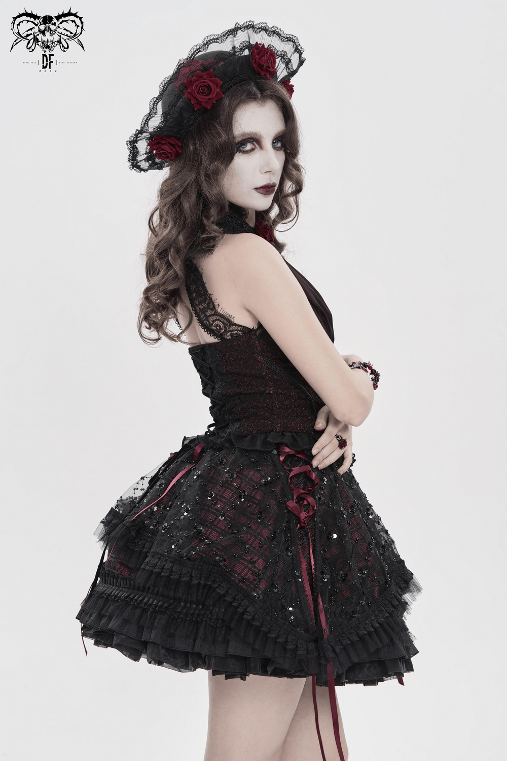 Gothic Plaid Tulle Layered Skirt with Ribbon Luffles worn by model, showcasing dark academia style and lace details.