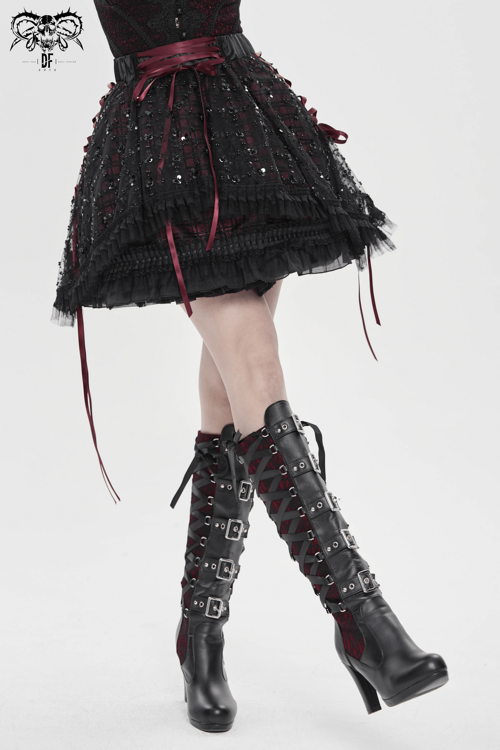 Gothic Plaid Tulle Layered Skirt with Ribbon Luffles showcasing a layered ruffle design and dark lace details.