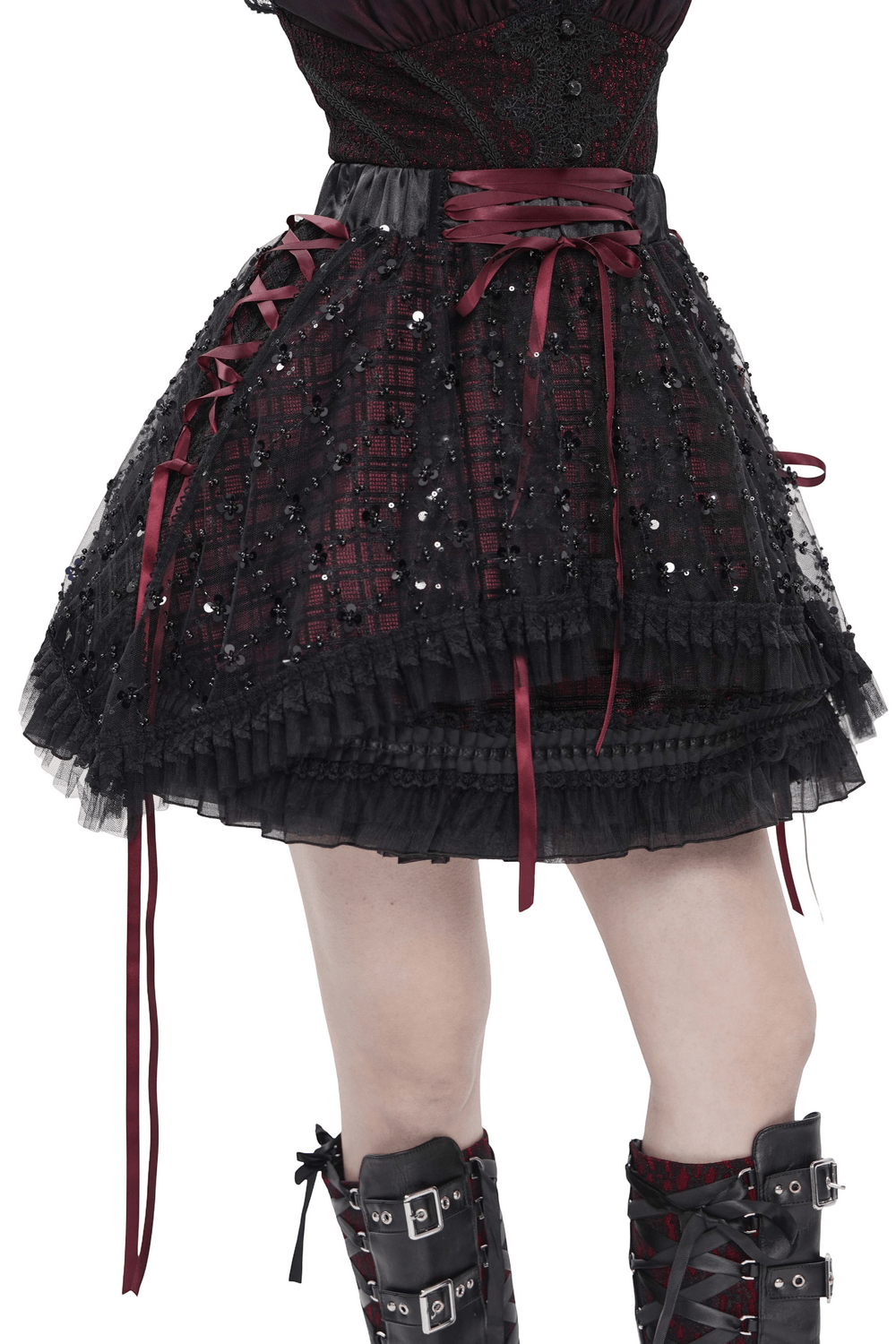 Gothic Plaid Tulle Layered Skirt with Ribbon Luffles featuring layered ruffles and sequin mesh in dark plaid.