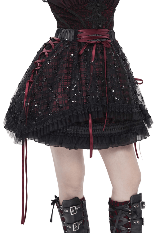 Gothic Plaid Tulle Layered Skirt with Ribbon Luffles