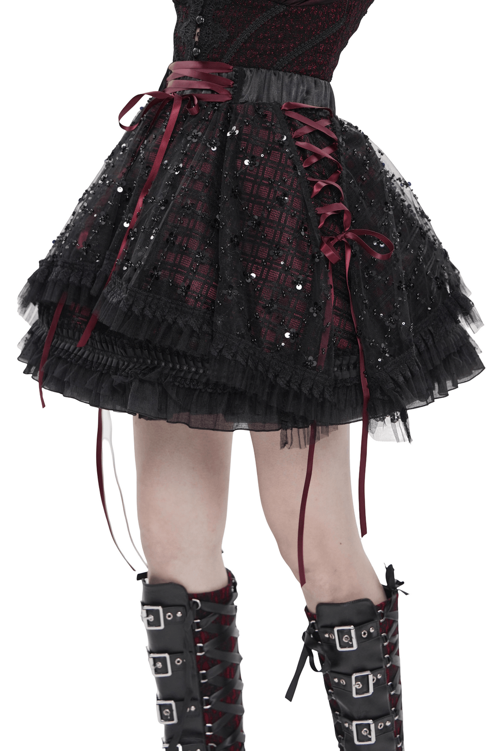 Gothic Plaid Tulle Layered Skirt with Ribbon Luffles showcasing wine red ribbon lacing and layered ruffles for a dramatic look.