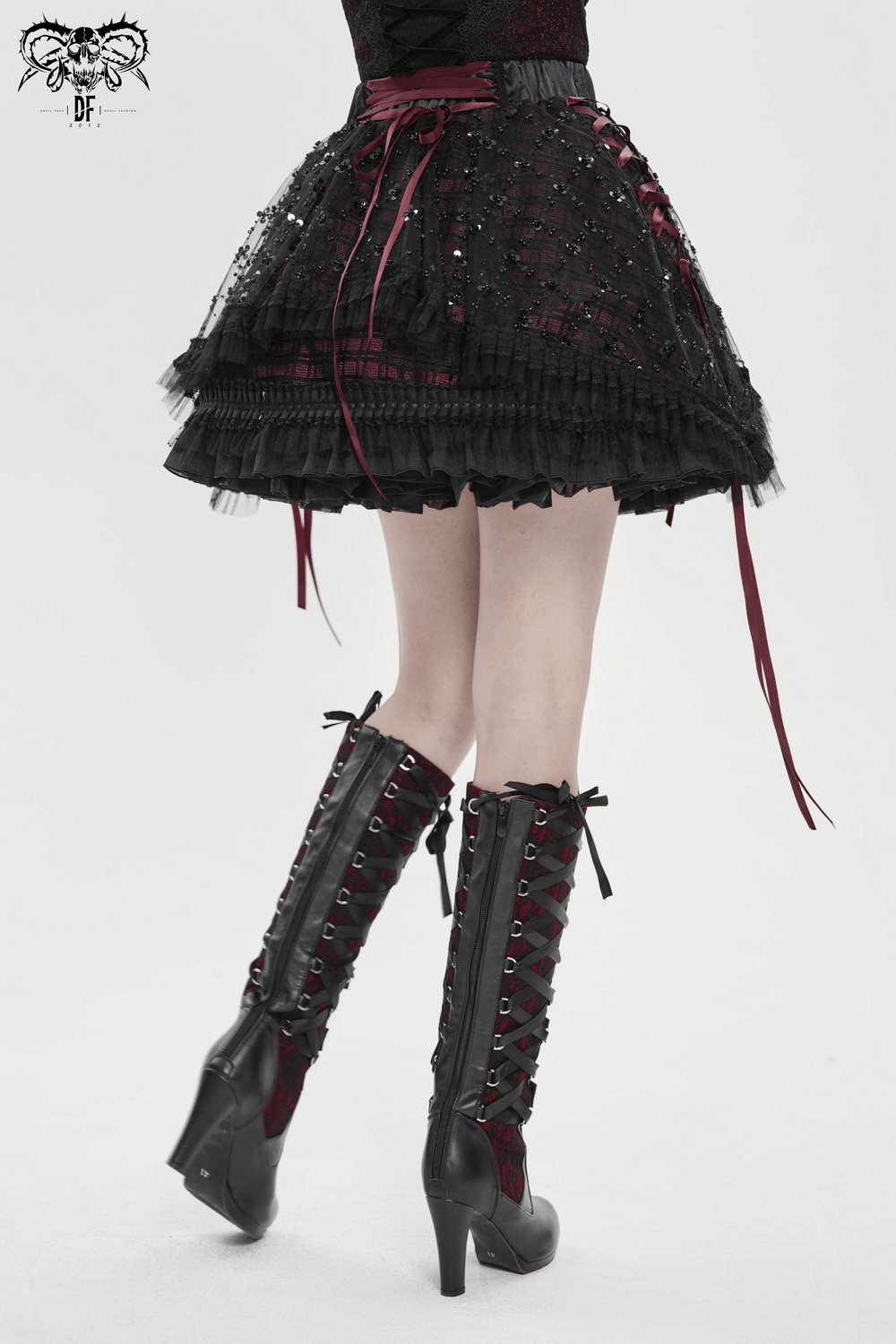 Gothic Plaid Tulle Layered Skirt with Ribbon Luffles featuring black lace and wine red ribbon details.