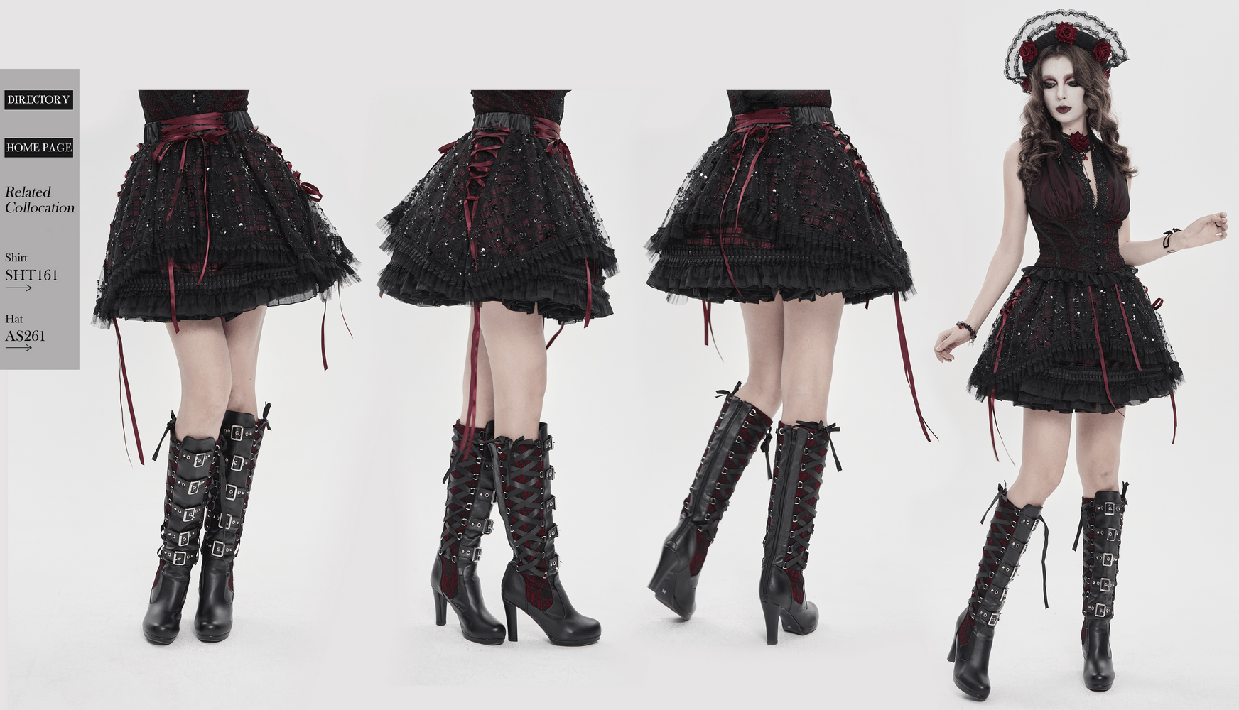 Gothic Plaid Tulle Layered Skirt with Ribbon Luffles showcasing layered design, sequin mesh, and wine red ribbon lacing.