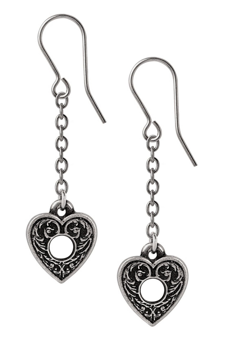 Gothic Planchette Earrings with delicate chain drop, featuring intricate heart designs in fine pewter.