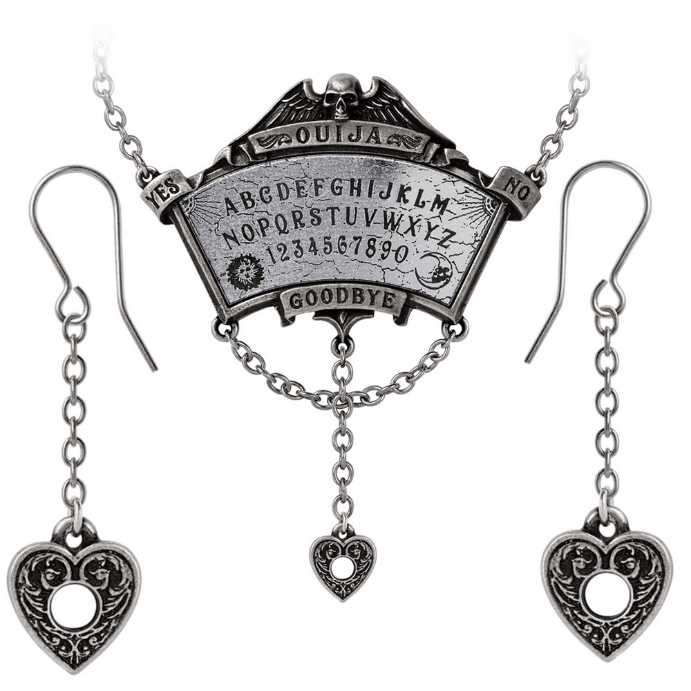 Gothic Planchette Earrings with chain drop, featuring Ouija board design and heart-shaped accents in fine pewter.