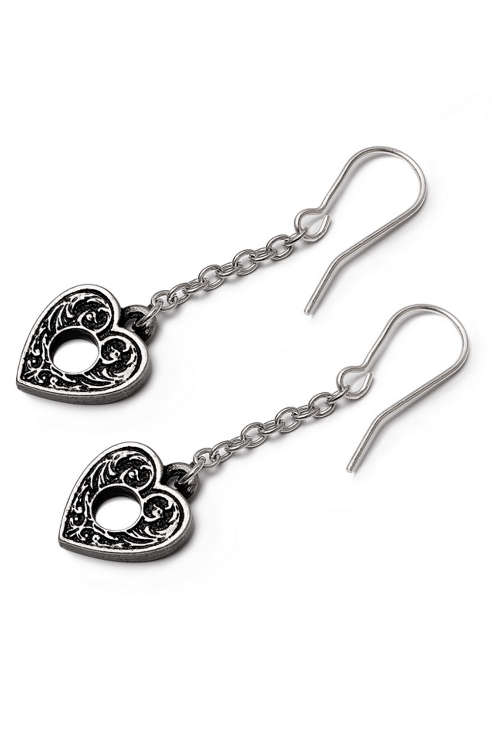 Gothic Planchette earrings with intricate heart design and delicate chain drop, perfect for a mystical touch.
