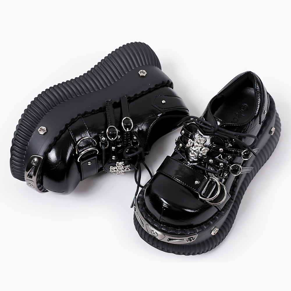 Gothic Platform Derby Shoes with Buckle Straps, black glossy industrial goth oxfords with metal hardware and platform soles
