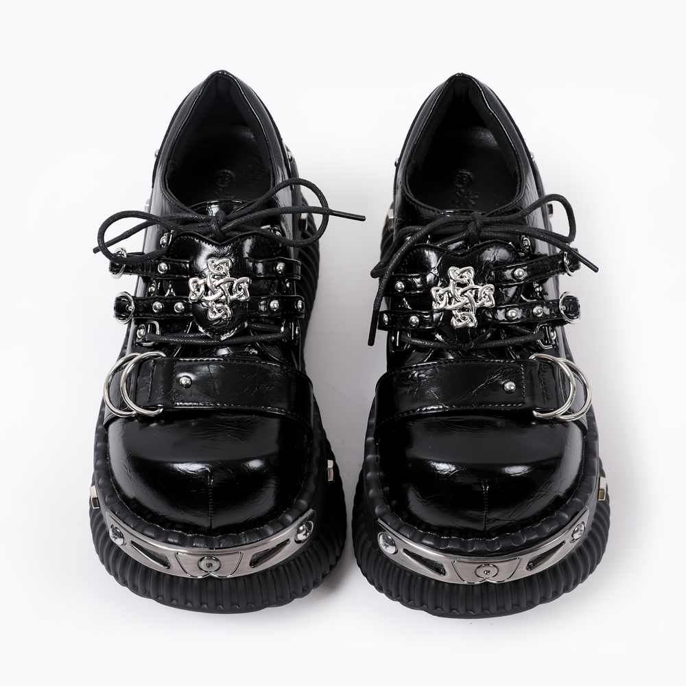 Gothic Platform Derby Shoes with Buckle Straps, black industrial goth oxfords with silver hardware