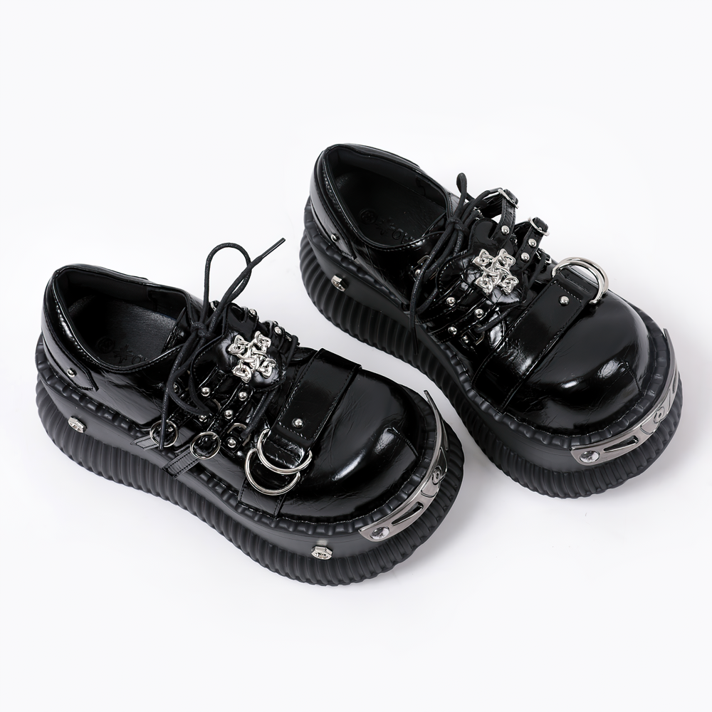 Gothic Platform Derby Shoes with Buckle Straps black industrial goth Oxfords with metal hardware and chunky platform soles