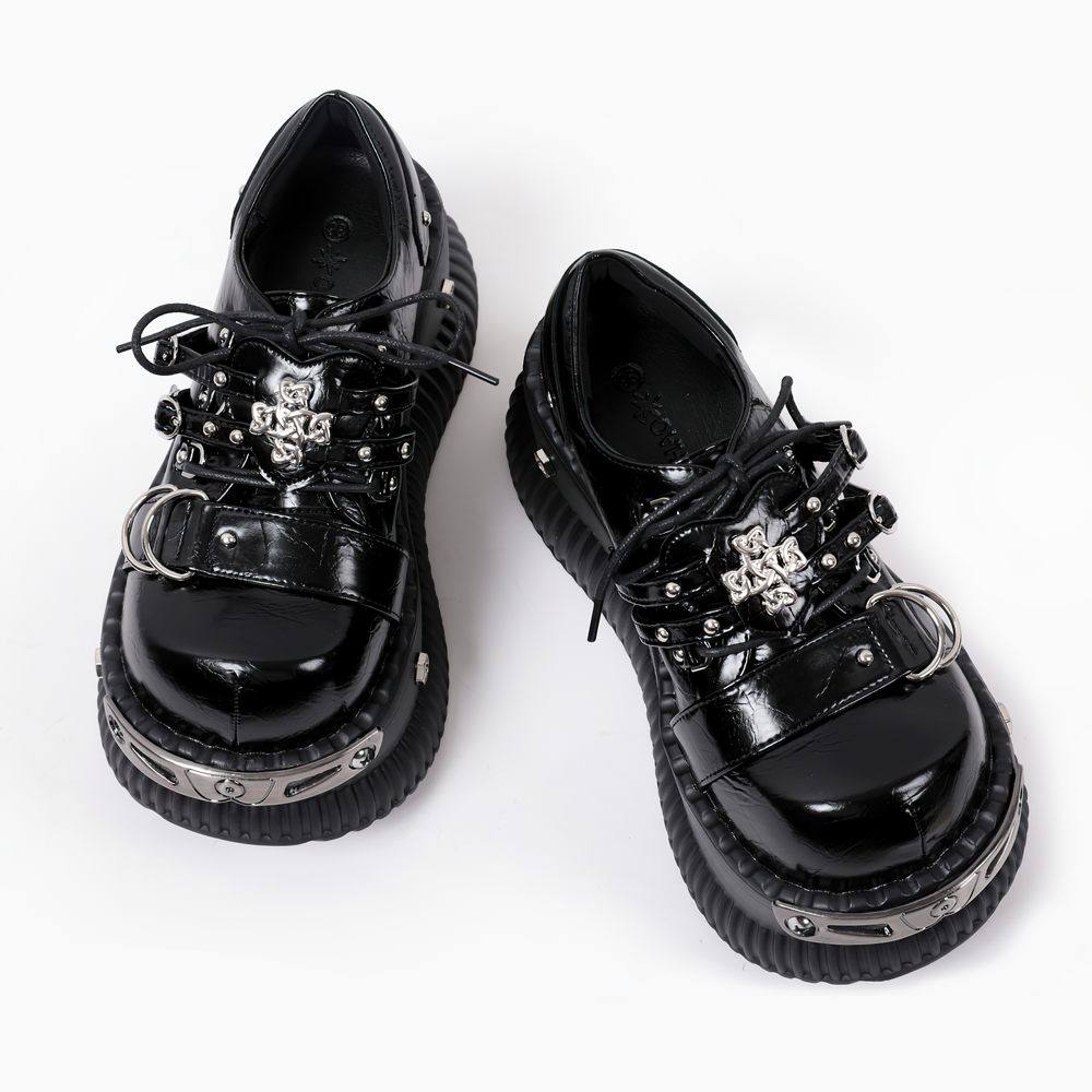 Gothic Platform Derby Shoes with Buckle Straps, black glossy goth oxfords with metal hardware and chunky platform soles