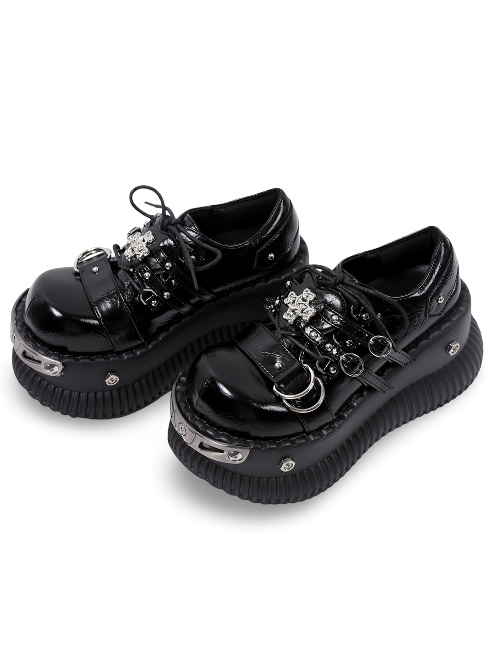 Gothic Platform Derby Shoes with Buckle Straps, black industrial goth oxfords with metal hardware and platform soles