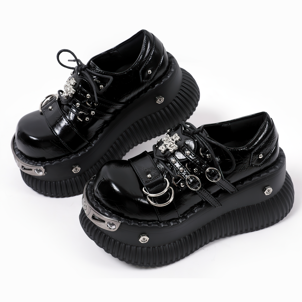 Gothic Platform Derby Shoes with Buckle Straps, black glossy lace-up Oxfords with silver hardware and chunky platform soles