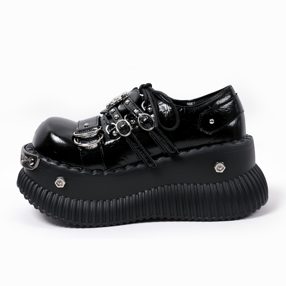 Gothic Platform Derby Shoes with Buckle Straps black industrial goth platform oxfords with metal hardware