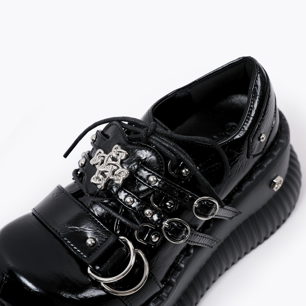 Gothic Platform Derby Shoes with Buckle Straps, black industrial goth lace-up oxfords with metal hardware