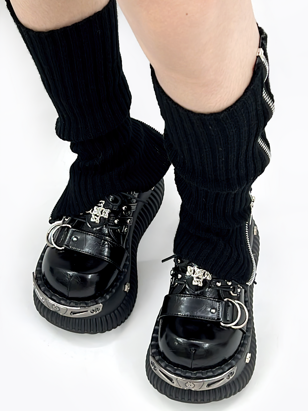 Gothic Platform Derby Shoes with Buckle Straps, black gothic punk oxfords with silver hardware and chunky platform soles