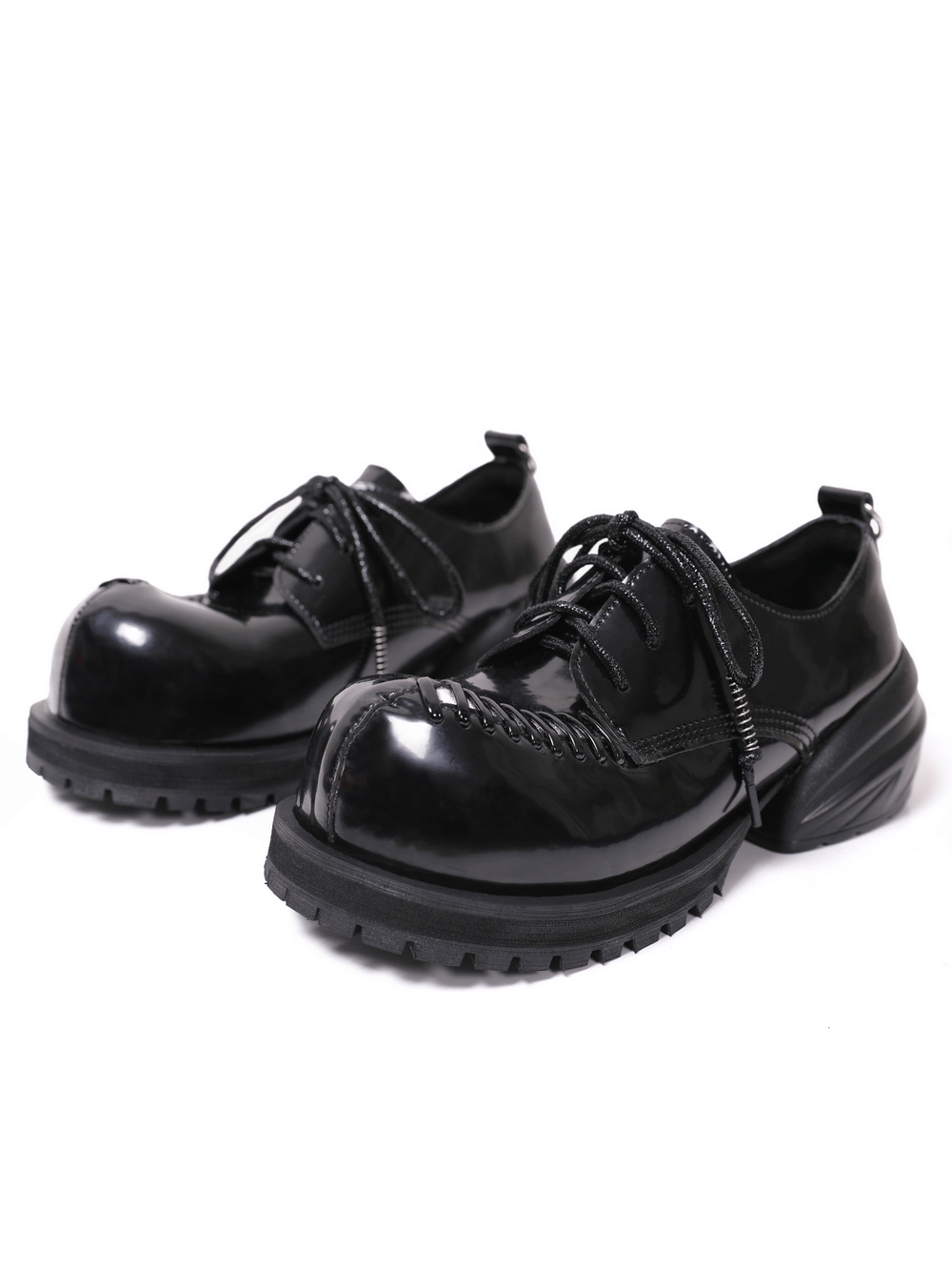 Gothic Platform Derby Shoes with Metal Toe Detail, black patent lace-up punk shoes with chunky lug sole and block heel