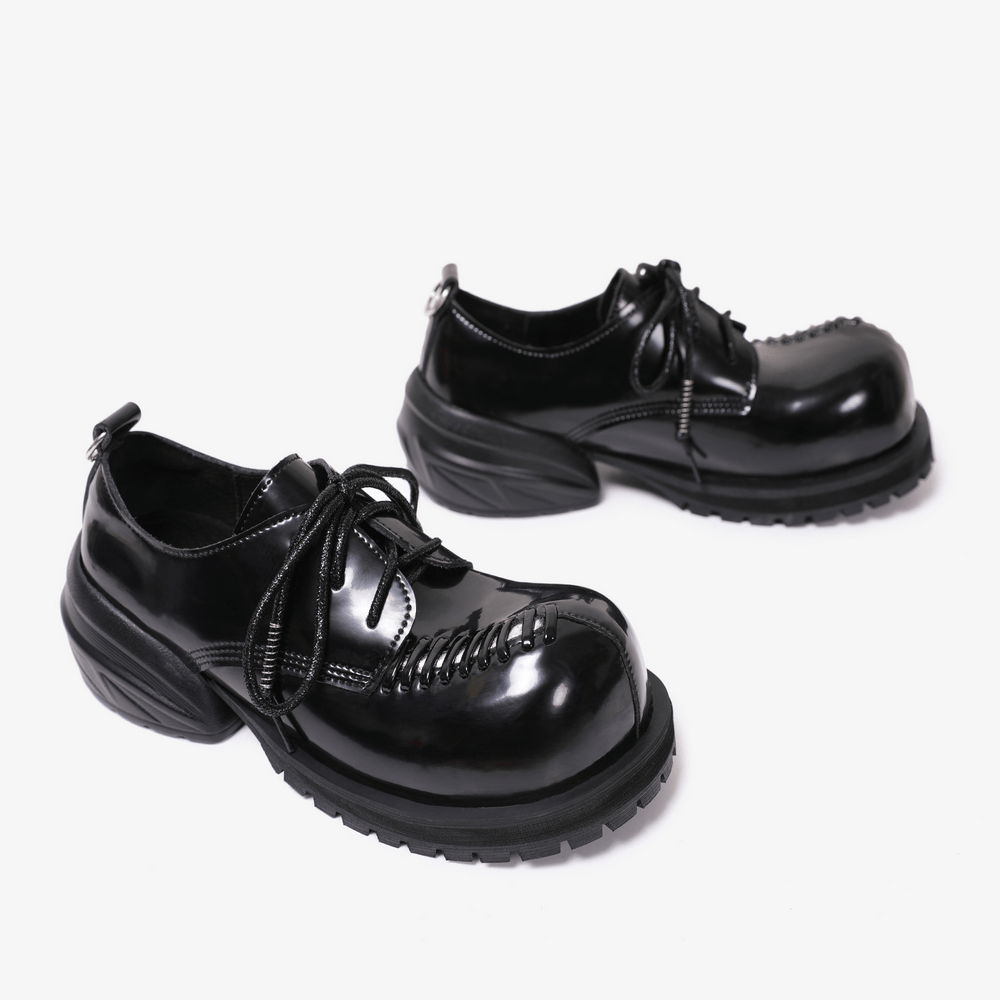 Gothic Platform Derby Shoes with Metal Toe Detail black patent lace-up shoes with chunky lug sole