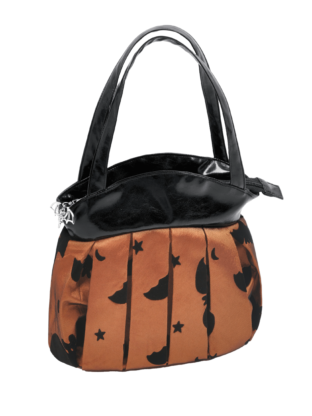 Gothic Pleated Bat and Star Print Handbag with Bat Zipper, stylish handbag featuring bat and star designs.