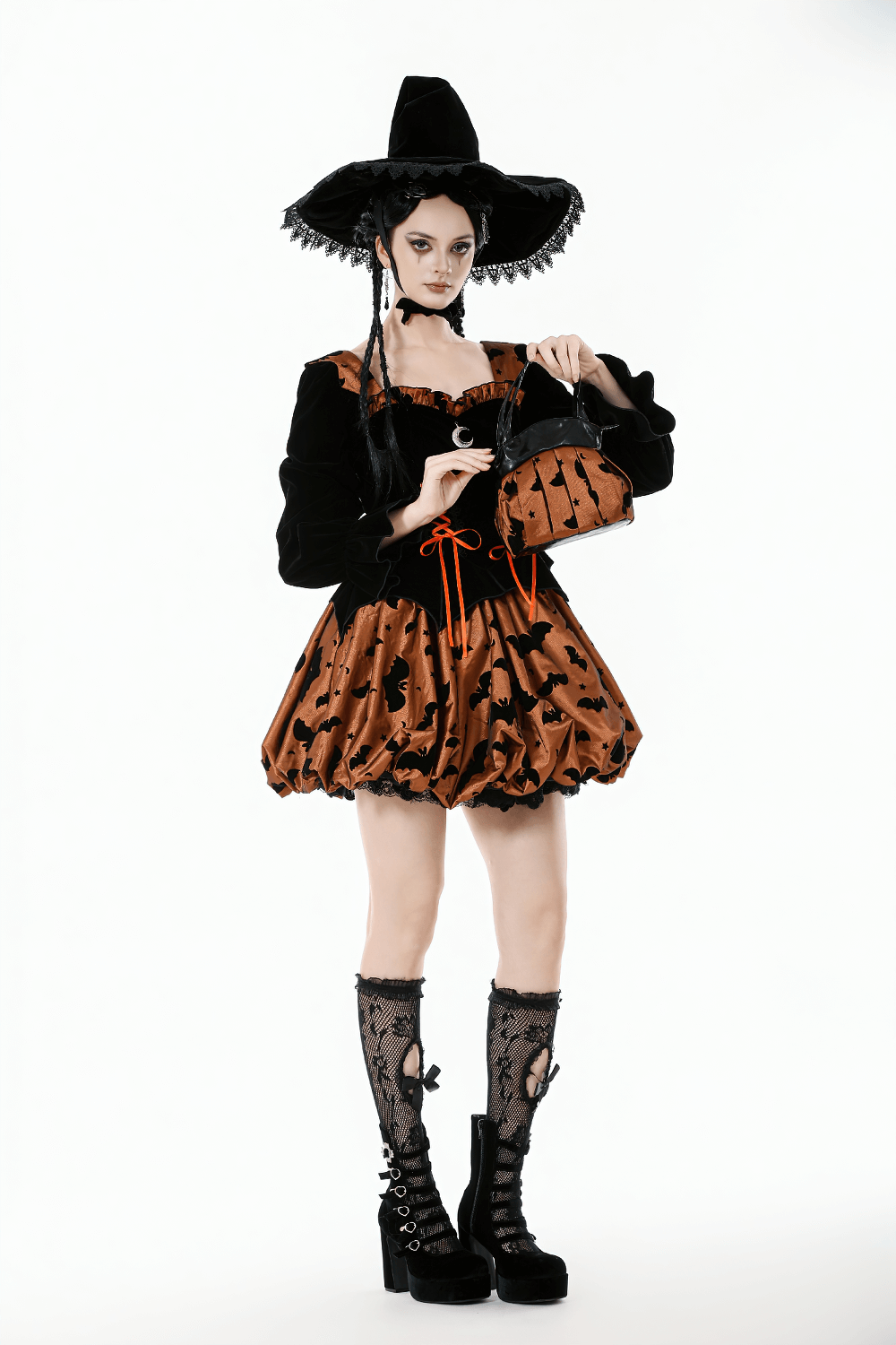 Gothic Pleated Bat and Star Print Handbag with Bat Zipper being showcased with a stylish Halloween outfit.