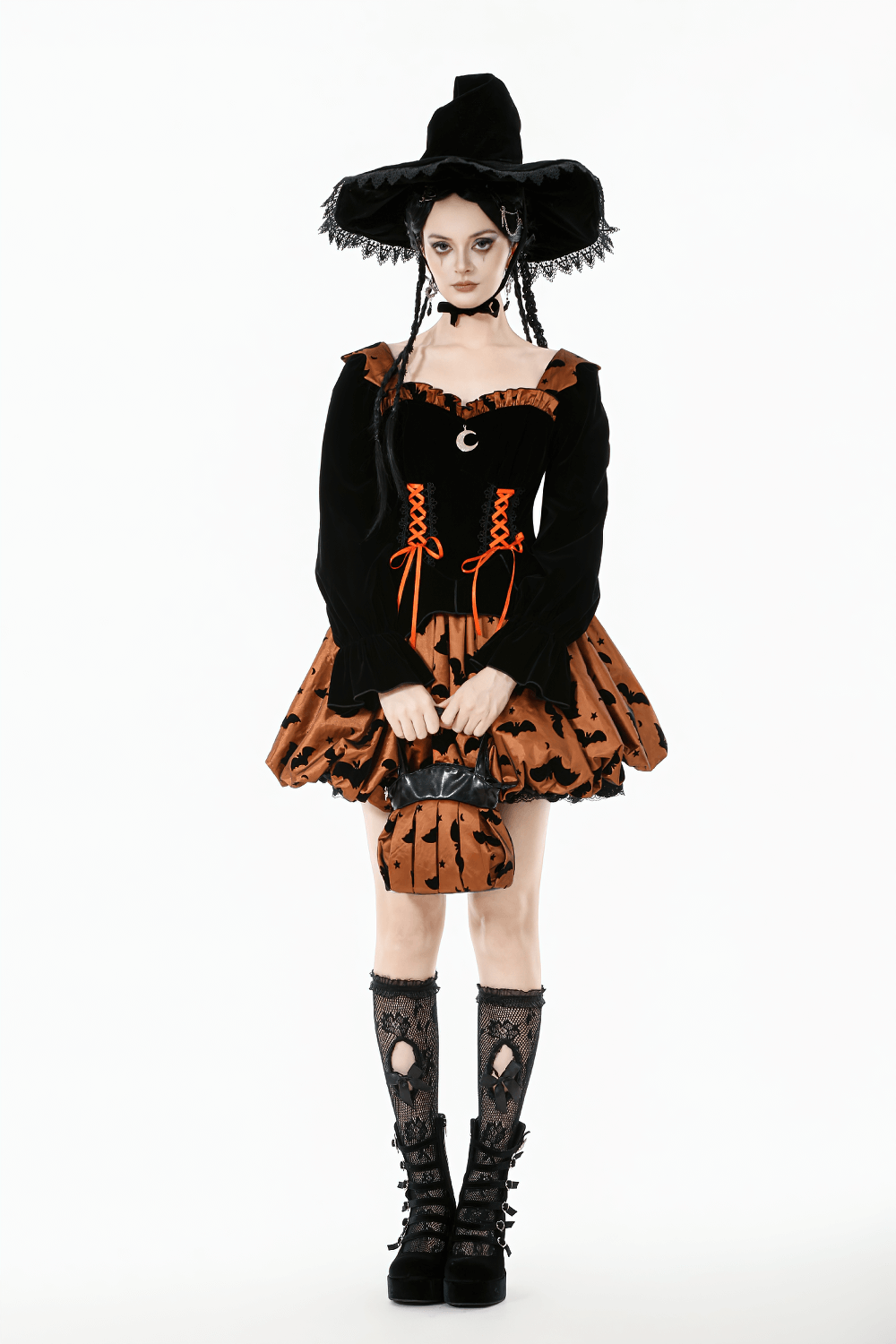 Model in Gothic dress holding Gothic Pleated Bat and Star Print Handbag with Bat Zipper, perfect for Halloween.