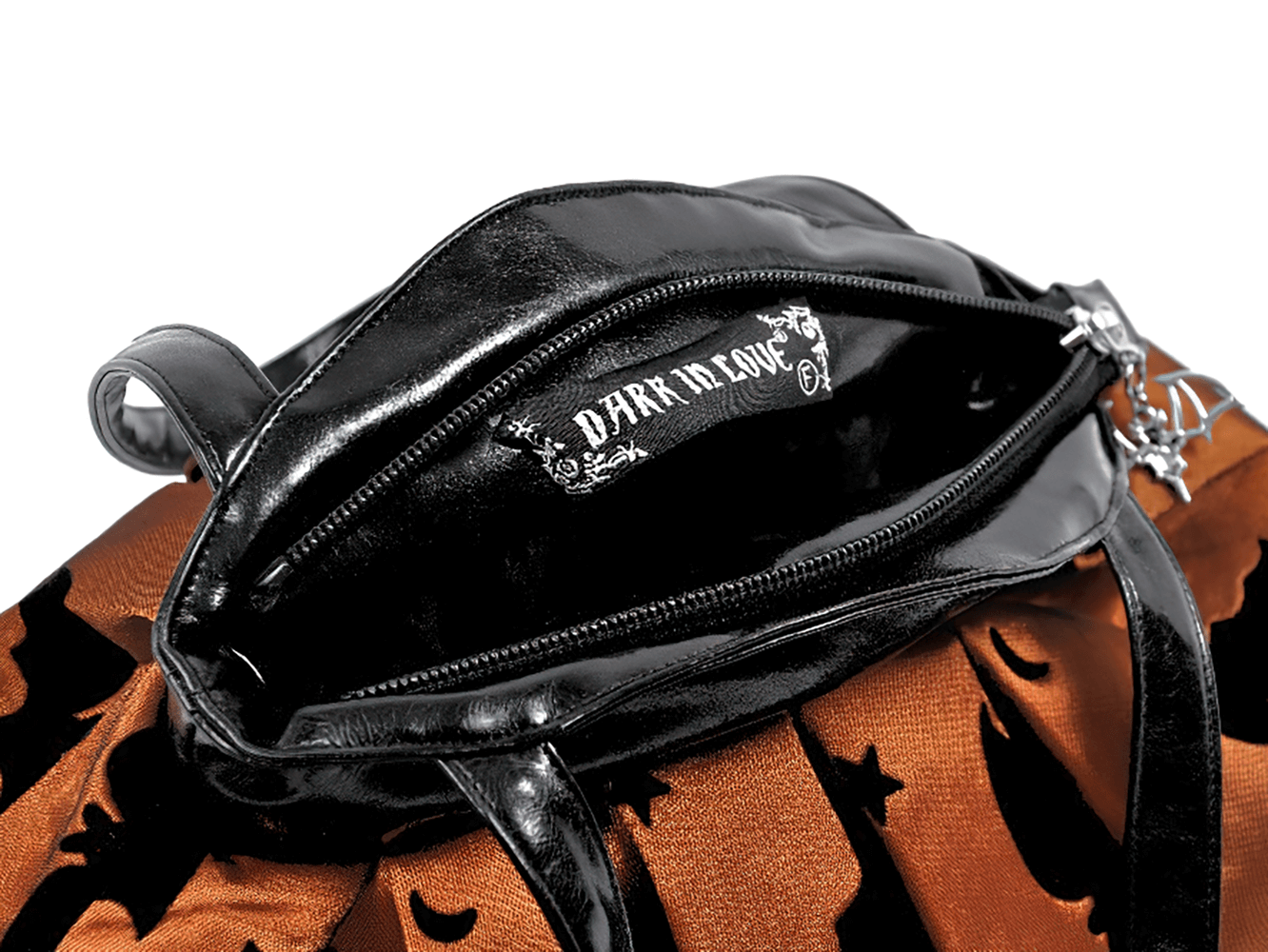 Gothic Pleated Bat and Star Print Handbag with Bat Zipper interior view showing stylish black zippered compartment.