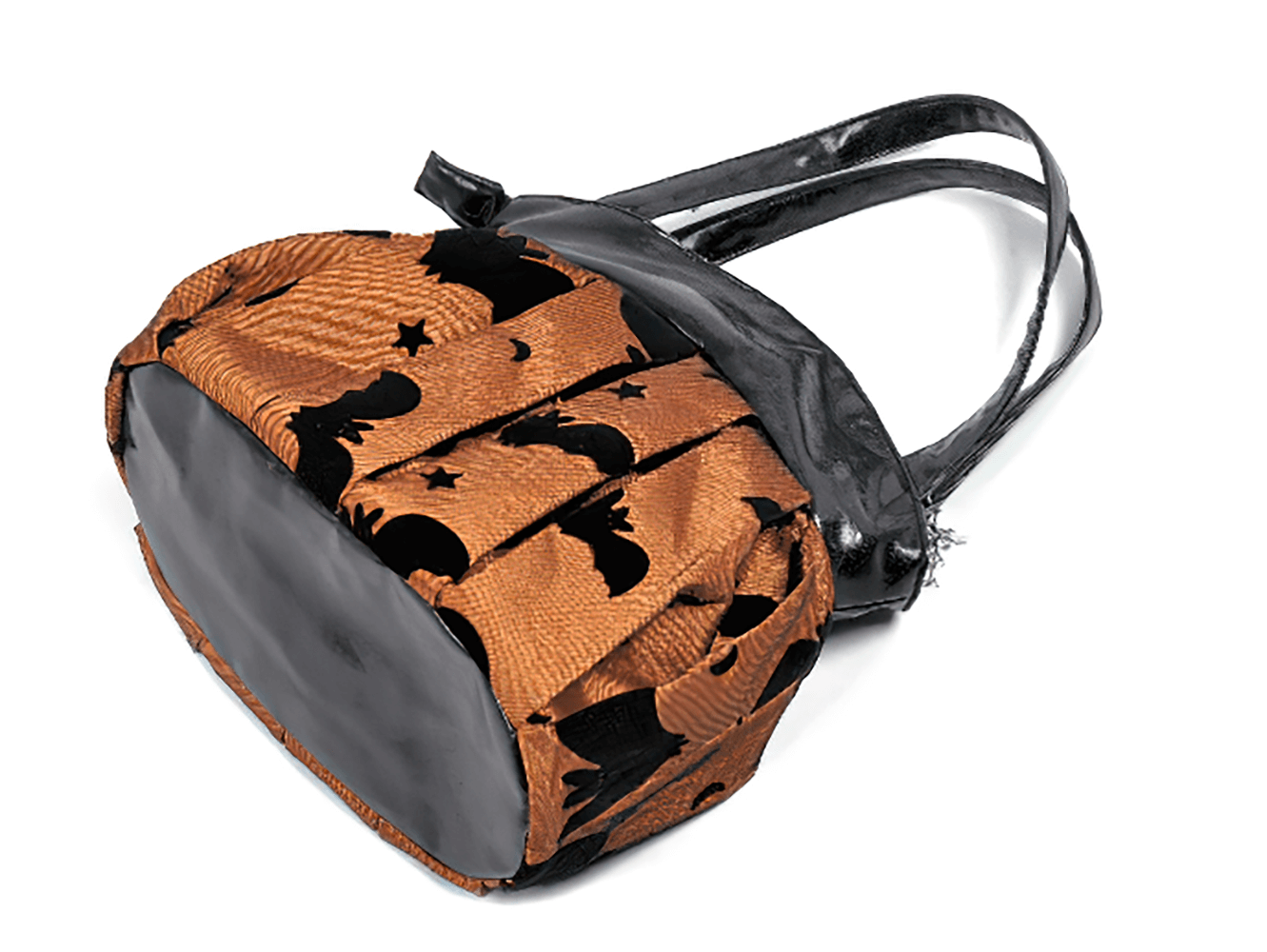 Gothic Pleated Bat and Star Print Handbag with Bat Zipper showing stylish black bat print.