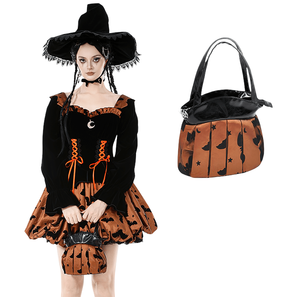 Gothic Pleated Bat and Star Print Handbag with Bat Zipper showcased with a witch costume.