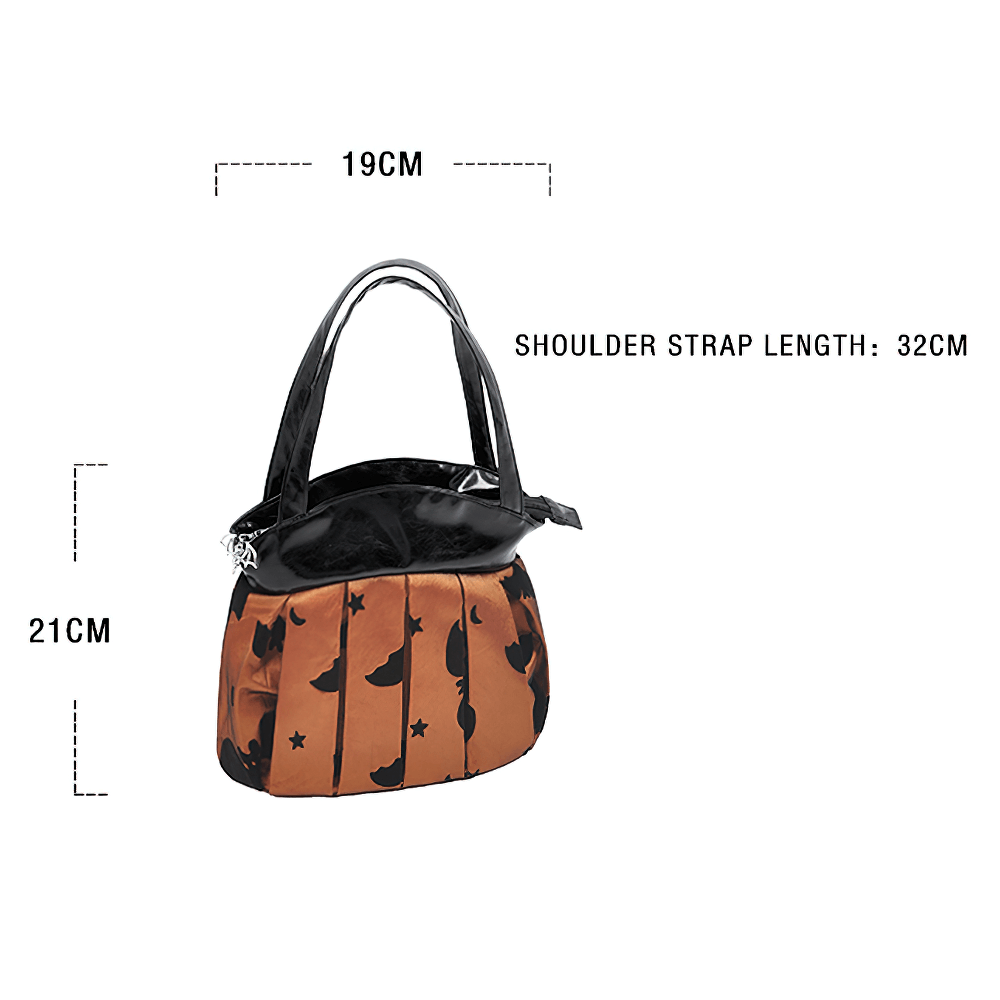 Gothic Pleated Bat and Star Print Handbag with Bat Zipper featuring measurements and stylish design.