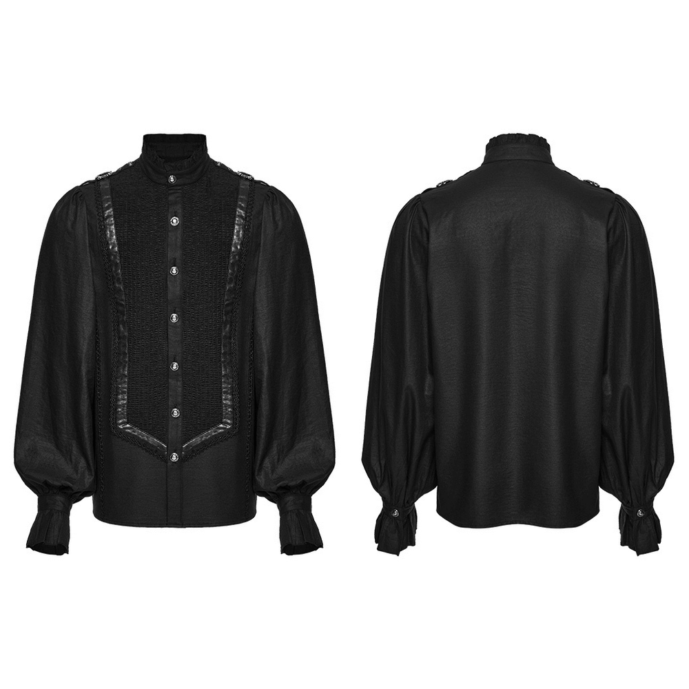 Gothic Pleated Black Shirt with Stand Collar and Buckles, featuring bubble sleeves and elegant ruffled collar.