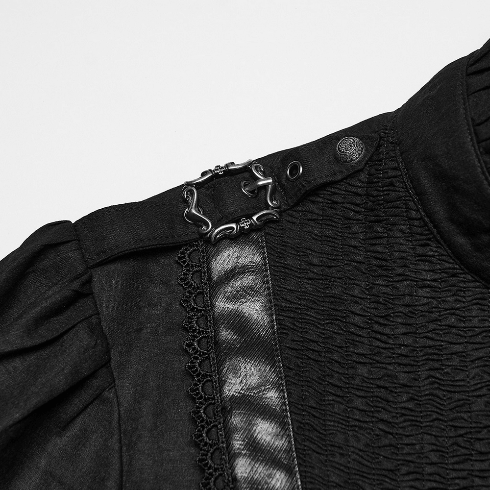 Gothic Pleated Black Shirt with Stand Collar and Buckles close-up of the ruffled collar and buckle detail.
