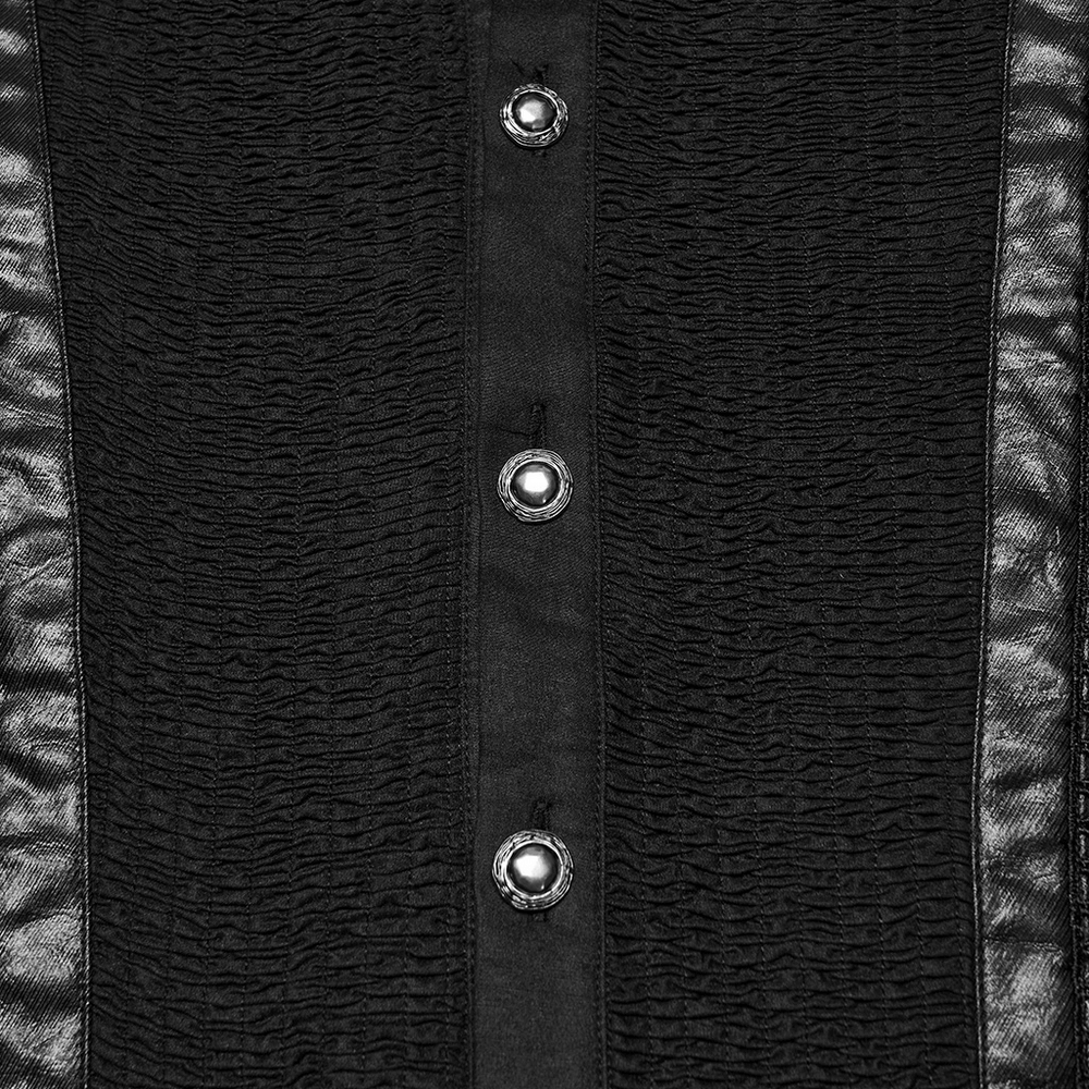 Gothic Pleated Black Shirt with Stand Collar and Buckles featuring textured fabric and decorative buttons.