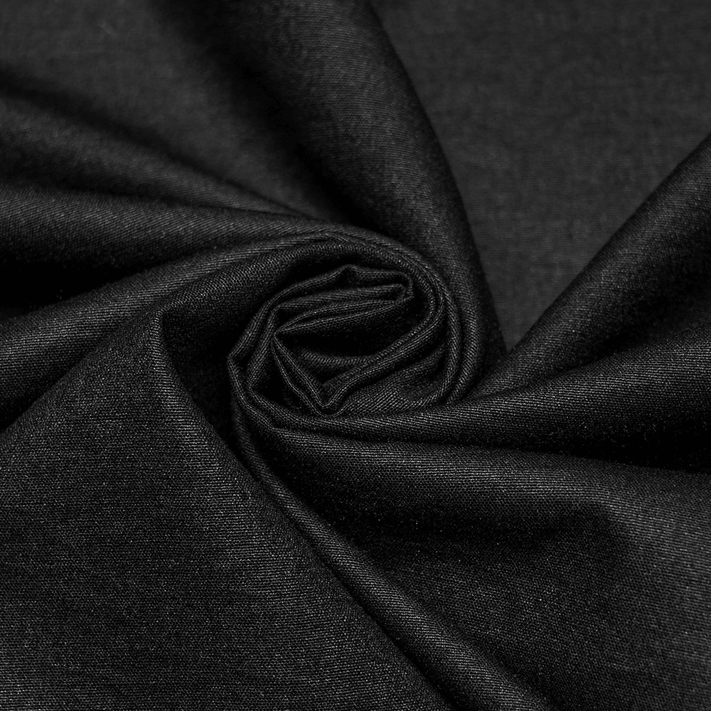 Gothic Pleated Black Shirt with Stand Collar and Buckles black fabric close-up, showcasing its textured woven quality.