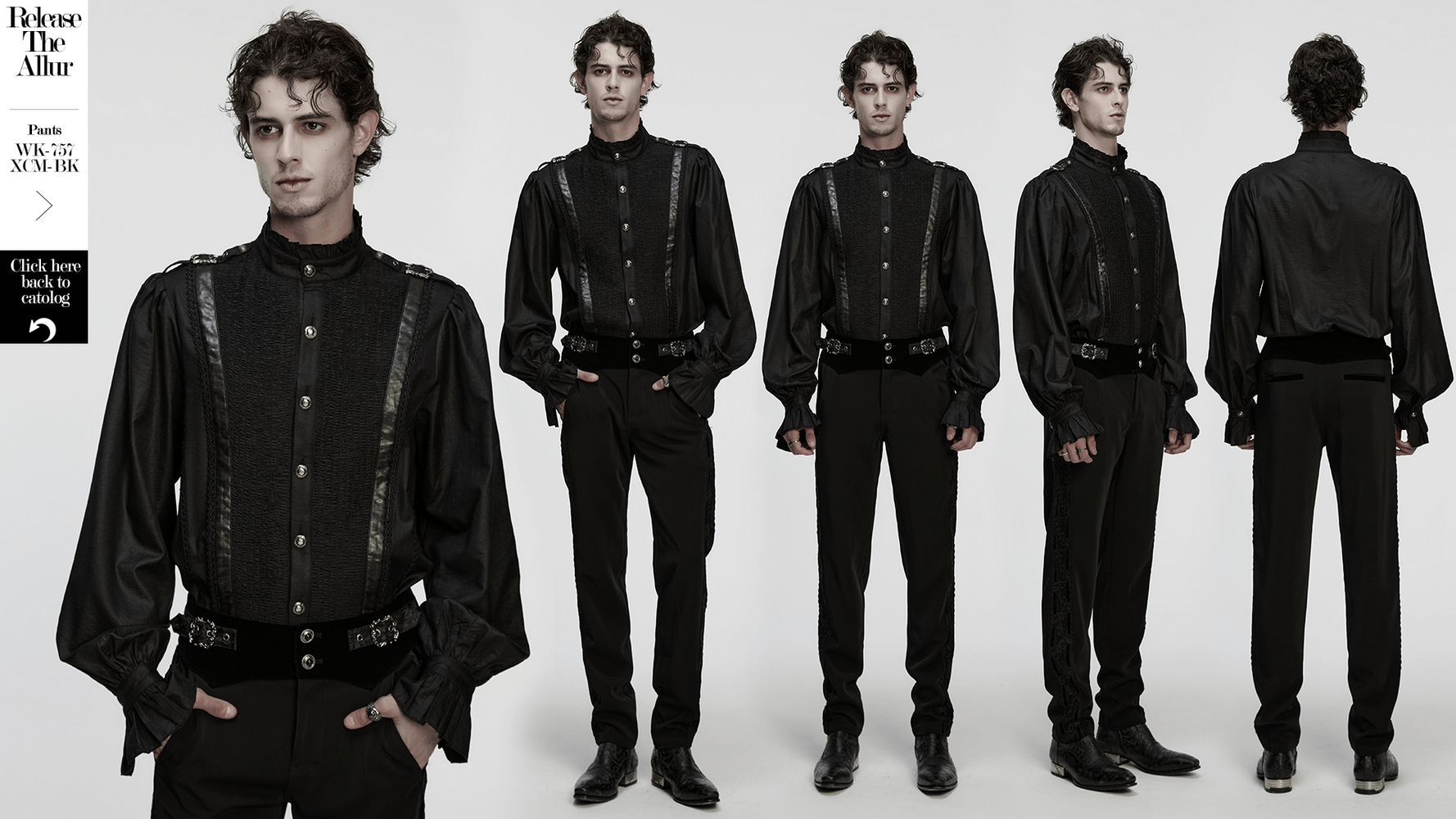 Gothic Pleated Black Shirt with Stand Collar and Buckles worn by model, featuring ruffled collar and dramatic bubble sleeves.