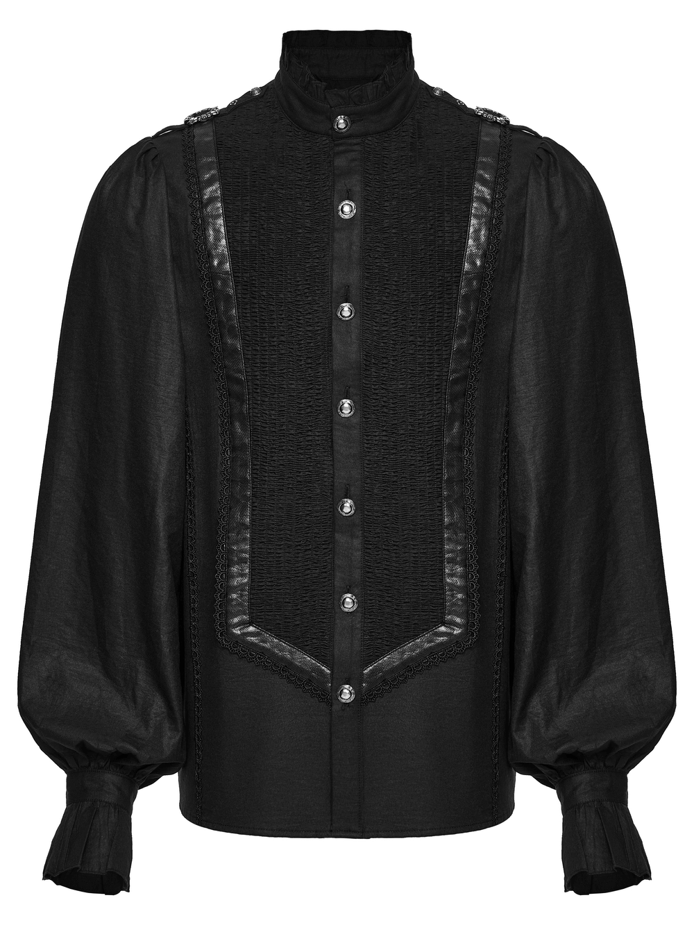 Gothic Pleated Black Shirt with Stand Collar and Buckles featuring bold ruffled edges and dramatic bubble sleeves.