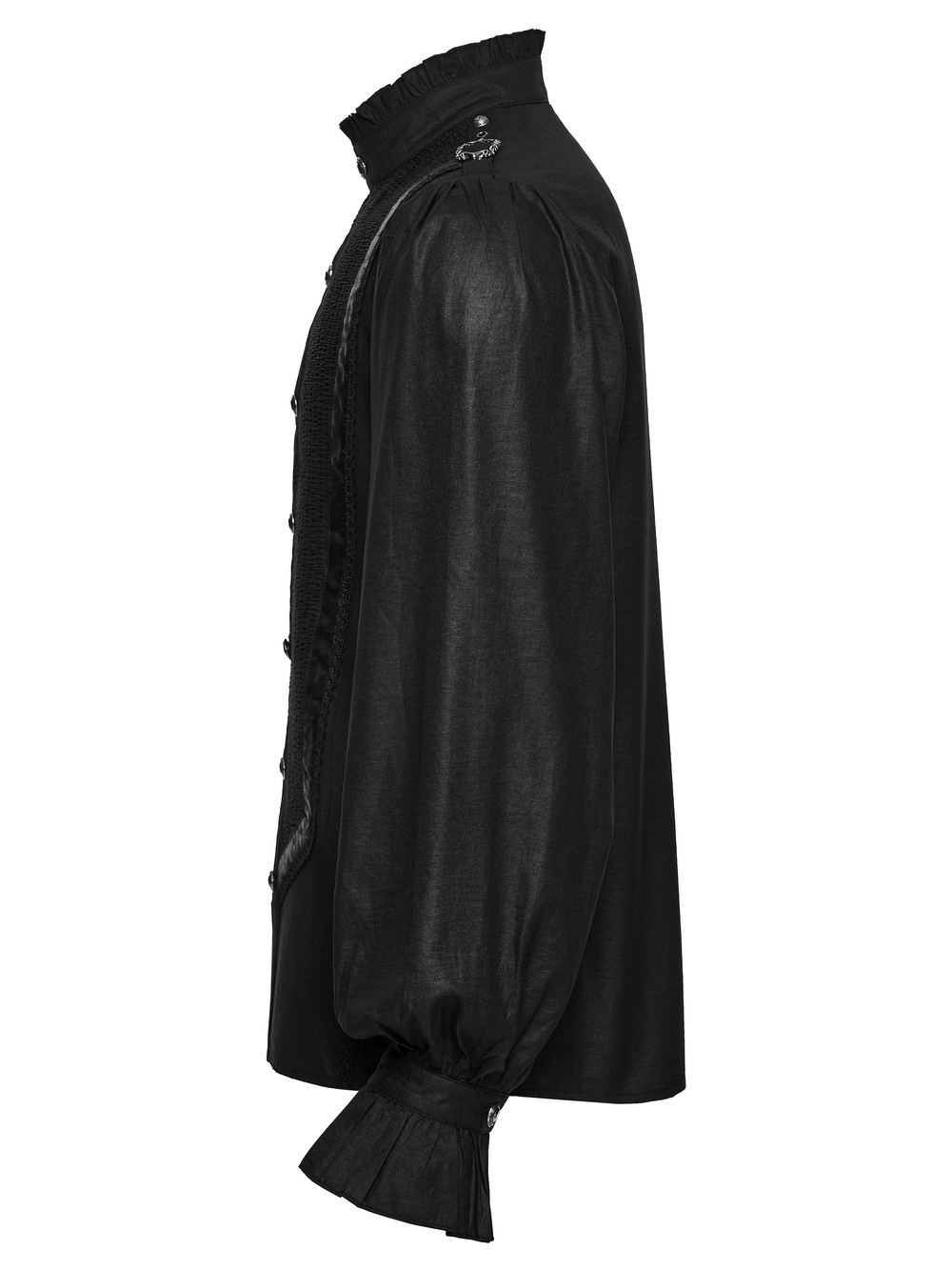 Gothic Pleated Black Shirt with Stand Collar and Buckles side view showcasing pleats and ruffled sleeves.