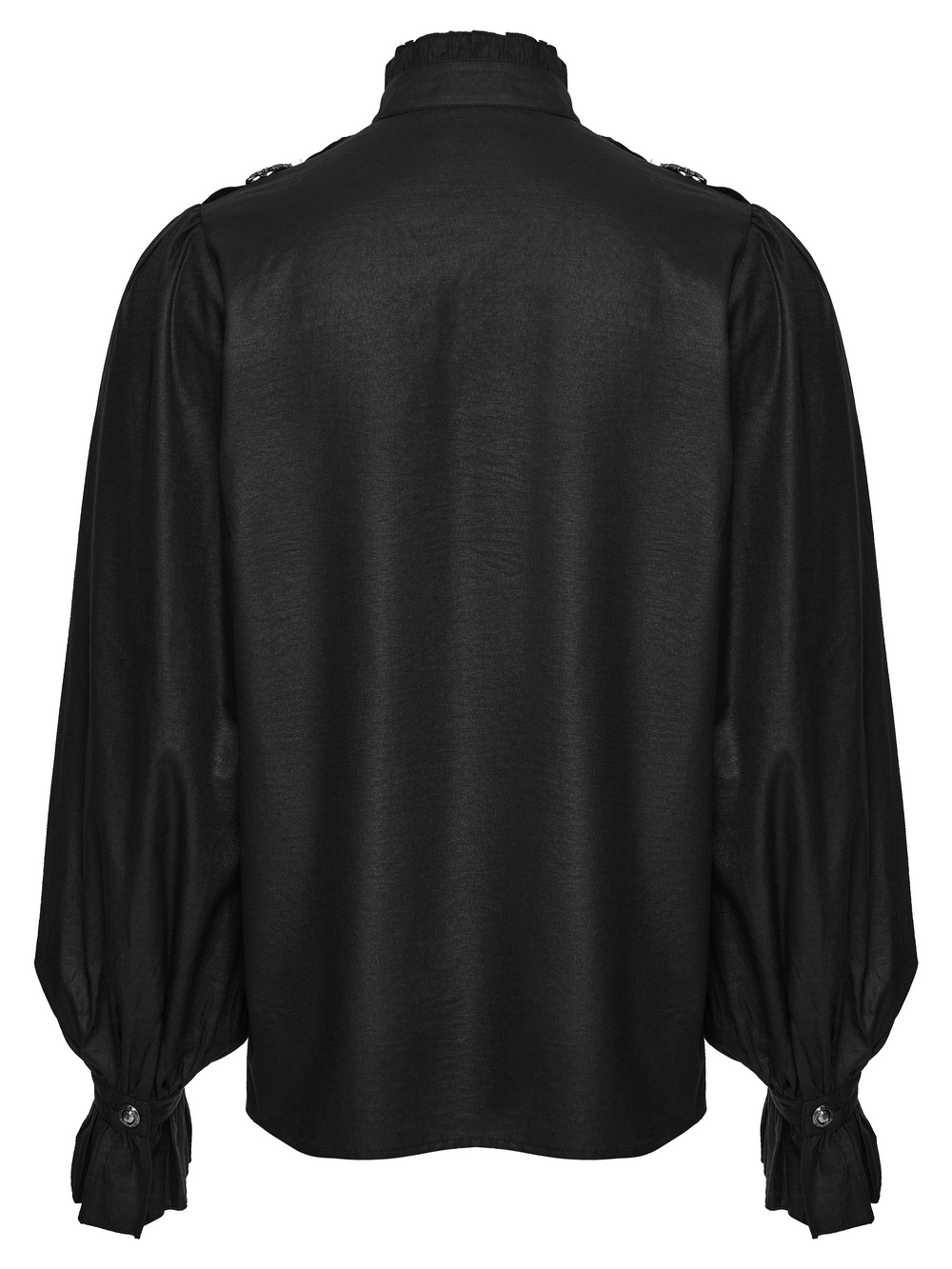 Gothic Pleated Black Shirt with Stand Collar and Buckles, showcasing the back view with bubble sleeves and ruffled collar.