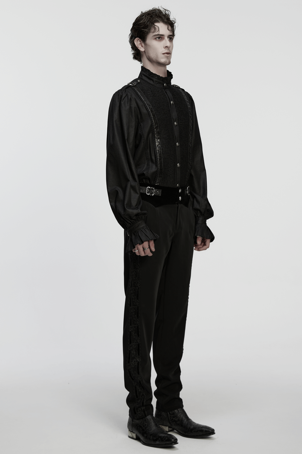 Gothic Pleated Black Shirt with Stand Collar and Buckles worn by a model, showcasing dramatic sleeves and elegant buckles.