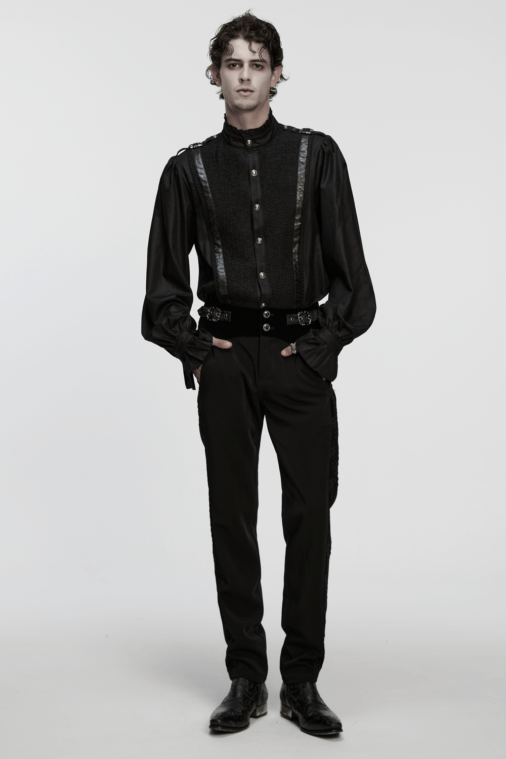 Gothic Pleated Black Shirt with Stand Collar and Buckles worn by a model, featuring bubble sleeves and buckles.