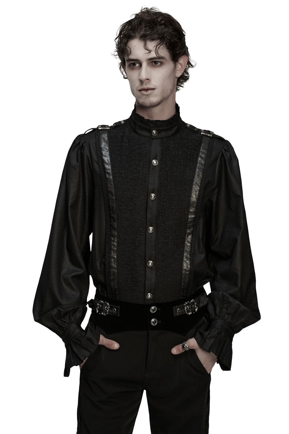 Gothic Pleated Black Shirt with Stand Collar and Buckles modeled by a young man in a dramatic pose.